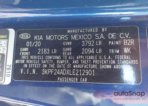 2020 Kia Forte Lxs from USA, damaged, VIN 3KPF24ADXLE212901
